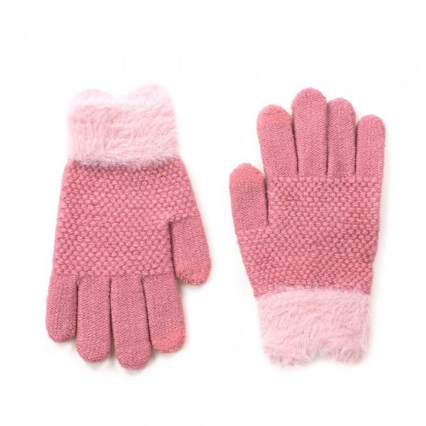růžové pletené rukavice s kožíškem