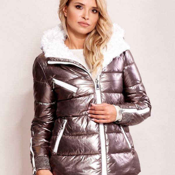Dámská zimní stříbrná bunda s kapucí